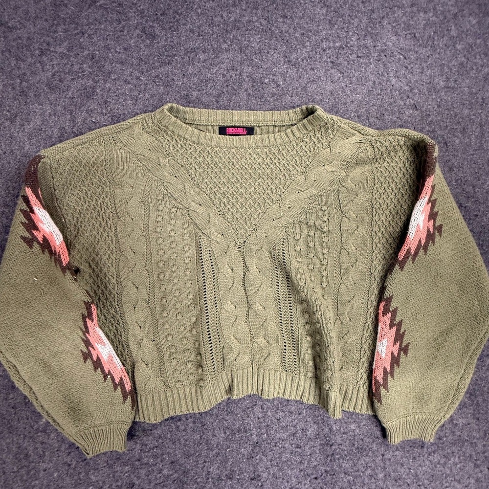 Rock & Roll Denim Women Sweatshirt L Green Geometric Western‎ Cable Knit Long
